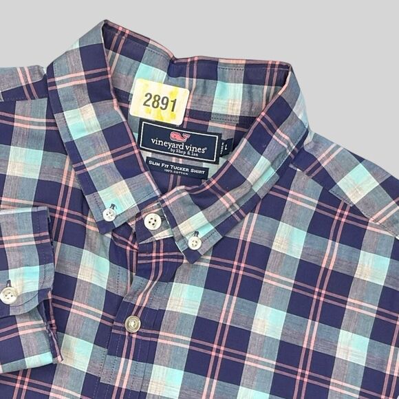 Vineyard Vines Shirt Men Large Blue‎ Check Performance Slim Fit Tucker Cotton - Picture 2 of 9